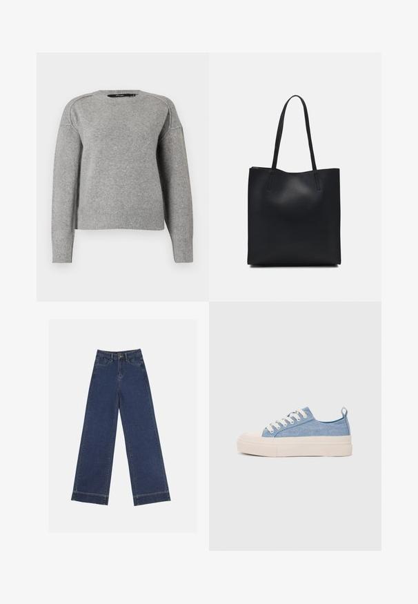 Világosszürke pulóver kerek nyakkivágással, bordázott mandzsettákkal és szegéllyel, valamint puha tapintással. Lehorgonyzott vállak jellemzik, ami laza illeszkedést biztosít.; Sötétkék denim széles lábú farmernadrág. Öt zsebbel, övhurkokkal és nyers szegéllyel az alján, amelyen látható varrási részletek találhatók.; Világoskék vászon sportcipők, krémszínű gumitippel és talppal, fehér fűzőkkel és egy húzófüllel a sarkán.; Fekete bőrtáska sima felszínnel, téglalap alakú, két hosszú füllel. Nincs látható fémkiegészítő vagy díszítés.