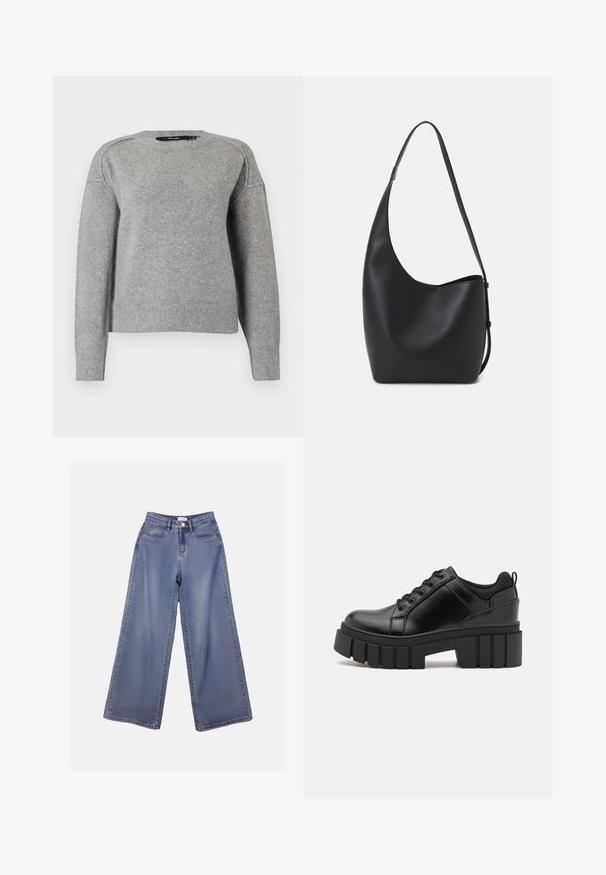 Pulôver cinza claro com decote redondo, punhos e barra canelados, e uma textura suave. Apresenta ombros caídos para um ajuste descontraído.; Calças de ganga de perna larga numa lavagem azul clara, com uma cintura alta, bolsos frontais e fecho de botão com passadores para cinto.; Sapatos de plataforma em couro preto com um salto bloco robusto, bico redondo e design clássico de atacadores. Apresentam uma textura suave e detalhes mínimos.; Saco hobo preto em pele com uma textura lisa, forma curva e uma única alça ajustável; apresenta uma abertura larga na parte de cima.