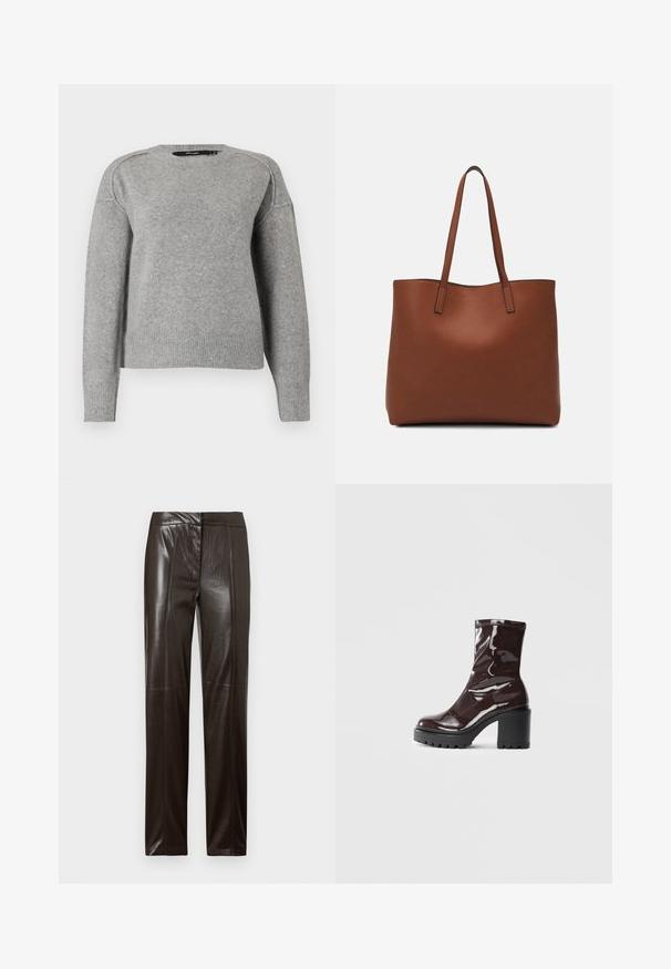 Világosszürke pulóver kerek nyakkivágással, bordázott mandzsettákkal és szegéllyel, valamint puha tapintással. Lehorgonyzott vállak jellemzik, ami laza illeszkedést biztosít.; Sötétbarna egyenes szárú bőrnadrág sima felülettel és finom varrásdíszítéssel az elején.; Fényes bordó bokacsizma vastag fekete sarokkal, sima felülettel és egyszerű dizájnnal. Nincsenek látható zárak vagy minták.; Barna bőr vászontáska sima textúrával, nyitott tetejű dizájnnal és két vállpánttal. Minimális varrással és látható hardver nélkül készült.