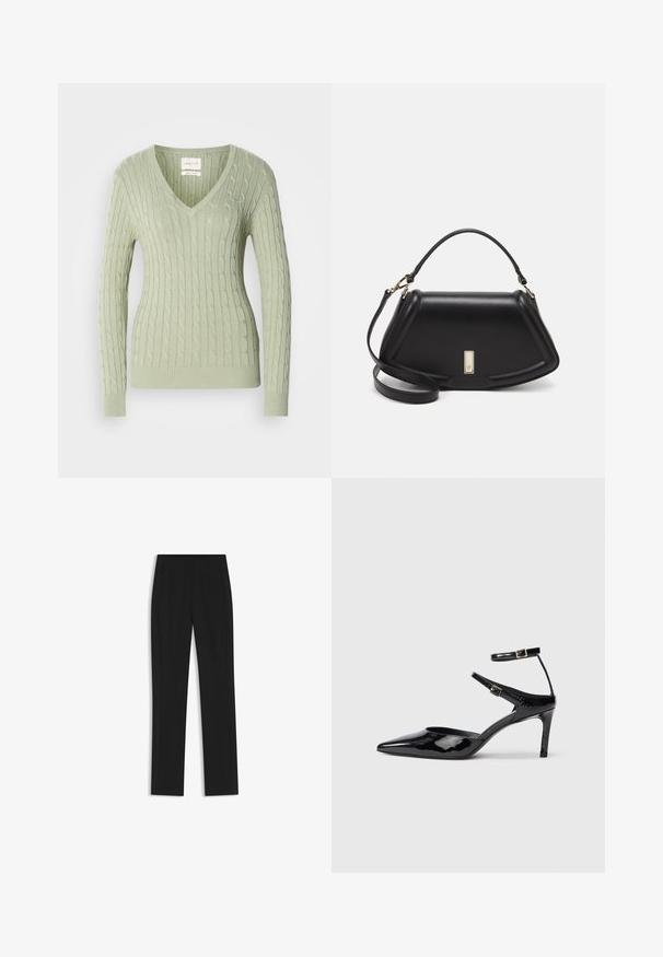 Vaaleanvihreä neulepusero, jossa on V-pääntie, kaapelikuviota ja ribatullekkeet. Pieni logo korostaa rintapistoa.; Mustat räätälöidyt housut suoran lahkeen designilla, joissa on etutaskut ja sileä, teksturoitu kangas. Siistit, minimalistiset yksityiskohdat.; Mustat lakatut korkokengät, joissa on terävä kärki, säädettävät nilkkahihnat ja hoikka korko. Suora pinta, joka näyttää kiiltävältä.; Mustalla nahkalaukulla, jossa on jämäkkä muotoilu, lyhyt malli, yläkahva ja kultaiset yksityiskohdat. Säädettävä olkahihna sisältyy.
