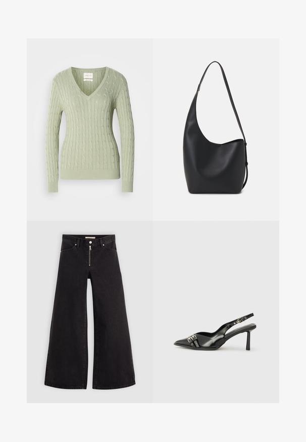 Light green knitted sweater with a V-neck, featuring a cable pattern and ribbed cuffs. Small logo accent on the chest.; Wide-leg jeans in black denim with a zippered front, five-pocket design, and subtle stitching details. Smooth texture and casual style.; Black patent leather slingback shoe with pointed toe, ankle straps featuring silver buckles and hardware, and a slender heel.; Black leather hobo bag with a smooth texture, curved shape, and single adjustable strap; features a wide opening at the top.