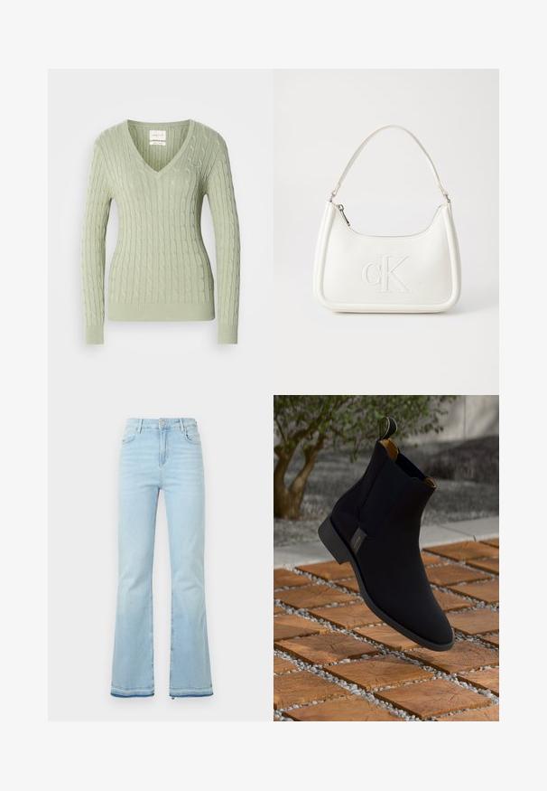 Light green knitted sweater with a V-neck, featuring a cable pattern and ribbed cuffs. Small logo accent on the chest.; Light blue flared jeans made of denim, featuring a high waist, front pockets, and a raw hem at the cuffs for a casual look.; Black leather ankle boot with a smooth finish, yellow inner lining, and a pull tab; set against a textured wood and gravel surface.; White leather handbag with a curved shape, featuring an embossed "CK" logo on the front and a single shoulder strap. Zipper closure at top.