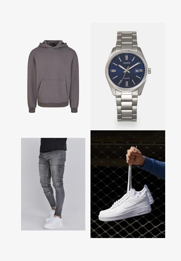 Felpa grigia di cotone con tasca frontale, cappuccio e polsini a costine. Tessuto morbido e vestibilità rilassata. Design minimalista senza decorazioni.; Jeans skinny in denim grigio sbiadito, con dettagli strappati sulle ginocchia, abbinati a sneakers bianche. Texture liscia, design slim fit.; Sneakers in pelle bianca con perforazioni, punta rotonda, suola piatta e lacci spessi, con logo swoosh visibile e "AIR" sul tallone.; Orologio da polso in acciaio inossidabile argento con quadrante blu navy, indici metallici e finestra della data alle 3. Resistente all'acqua fino a 50 metri.