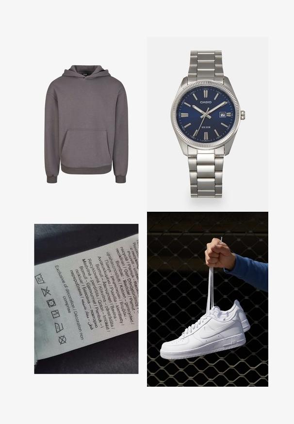 Felpa grigia di cotone con tasca frontale, cappuccio e polsini a costine. Tessuto morbido e vestibilità rilassata. Design minimalista senza decorazioni.; Etichetta con testo multilingue, simboli di cura e icone di riciclo, stampata su un materiale morbido simile a stoffa di colore chiaro.; Sneakers in pelle bianca con perforazioni, punta rotonda, suola piatta e lacci spessi, con logo swoosh visibile e "AIR" sul tallone.; Orologio da polso in acciaio inossidabile argento con quadrante blu navy, indici metallici e finestra della data alle 3. Resistente all'acqua fino a 50 metri.