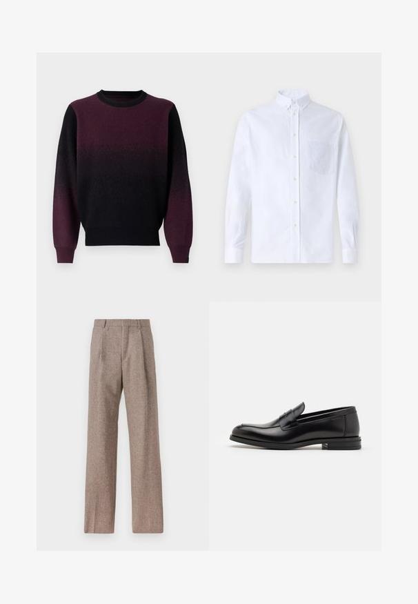 Pullover-Pullover in einem Verlauf von Schwarz zu tiefem Lila. Weicher Strickstoff, runder Halsausschnitt und lange Ärmel. Gerippte Bündchen und Saum.; Weißes Langarm-Hemd mit Knöpfen aus Baumwolle, ausgestattet mit einer Brusttasche mit tonalem Stickerei, einem Kragen und Knopfmanschetten.; Braune, hochtaillierte Hose aus strukturiertem Stoff. Mit weitem Bein und zwei vorderen Bügelfalten für zusätzliche Form. Saubere Verarbeitung ohne sichtbare Hardware.; Schwarze Lederloafers mit glatter Textur, rundem Zehenbereich und einem dekorativen Riemen über dem Vorderfuß. Niedriger, gestapelter Absatz, minimalistisches Design.