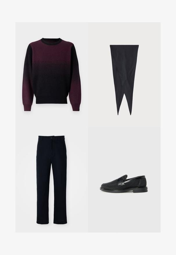 Pullover sweater in gradient black to deep purple. Soft knit texture, round neckline, and long sleeves. Ribbed cuffs and hem.; Navy blue trousers made of cotton, featuring a straight-leg design, a front button closure, and classic waistband with belt loops.; Black woven slip-on shoe with a smooth leather accent on the upper, a round toe design, and a low-profile rubber sole.; Navy pinstriped fabric, tapered design, elongated shape with pointed ends, smooth texture with vertical stripes, no visible hardware.