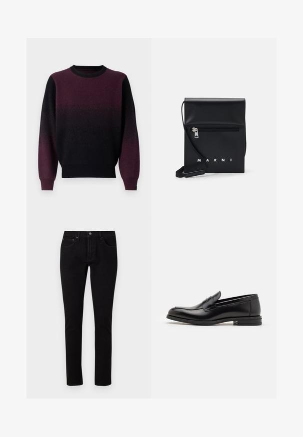 Pullover in gradient nero a viola scuro. Morbido tessuto a maglia, scollatura rotonda e maniche lunghe. Polsini e orlo a coste.; Jeans in denim nero con una vestibilità slim, dotati di una vita standard, cinque tasche e dettagli in metallo. Tessuto liscio e leggermente elastico.; Mocassini neri in pelle con una texture liscia, punta arrotondata e una striscia decorativa sulla tomaia. Tacco basso impilato, design minimalista.; Borsa a tracolla in pelle nera con tasca frontale con zip, logo in rilievo e tracolla regolabile. Texture liscia con una forma strutturata.