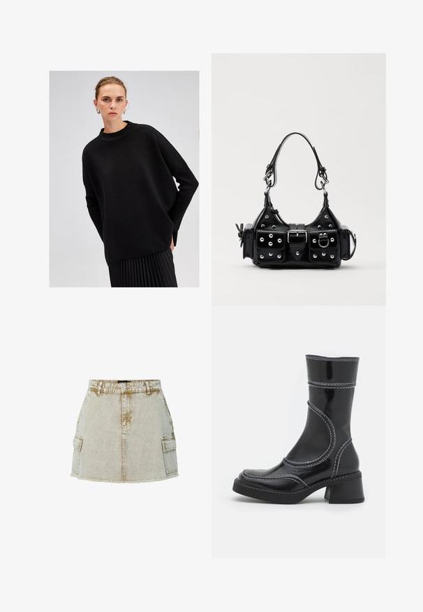 Crni oversized jumper izrađen od teksturiranog pletenog materijala, sa visokim izrezom i dugim, širokim rukavima, uparen s plisiranom crnom suknjom.; Bež traper suknja s isfrcanim rubom, dva bočna džepa i klasičnim zakopčavanjem na gumbe. Tkanina ima blago teksturirani završetak.; Crne lakirane gležnjače s bijelim šavovima, zaobljenim vrhom i blok petom. Imaju zakrivljene dizajnerske linije i glatku teksturu.; Crna kožna torba s zakrivljenim dizajnom, koja sadrži srebrne zakovice, kopču i dva bočna džepa. Podesiva traka za različite opcije nošenja.