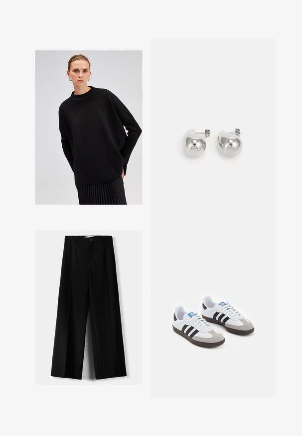 Black oversized sweater made from textured knit fabric, featuring a high neckline and long, loose sleeves, paired with a pleated black skirt.; Black wide-leg trousers made of lightweight fabric, featuring a front button closure and flat front, with neatly stitched hems.; Sport shoes with a white leather upper, gray suede toe, and three black stripes. Features a blue logo on the tongue and a textured rubber sole.; Silver drop earrings with rounded, reflective surfaces; minimalist design with smooth texture and subtle branding detail.