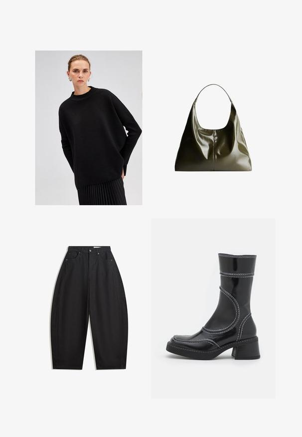 Čierny oversized sveter vyrobený z textúrovanej pleteniny, s vysokým golierom a dlhými, voľnými rukávmi, skombinovaný s plisovanou čiernou sukňou.; Čierne široké nohavice vyrobené z bavlny, s vysokým pásom, piatimi vreckami a kovovým zapínaním. Hladká textúra a žiadne viditeľné vzory.; Čierne lakované kožené členkové čižmy s bielym prešívaním, zaoblenou špičkou a blokovým podpätkom. Majú zakrivené línie dizajnu a hladkú textúru.; Olivovo zelená kožená taška na rameno s hladkým, lesklým povrchom. Má zaoblený vrch a jemný, splývavý tvar. Minimalistický dizajn.