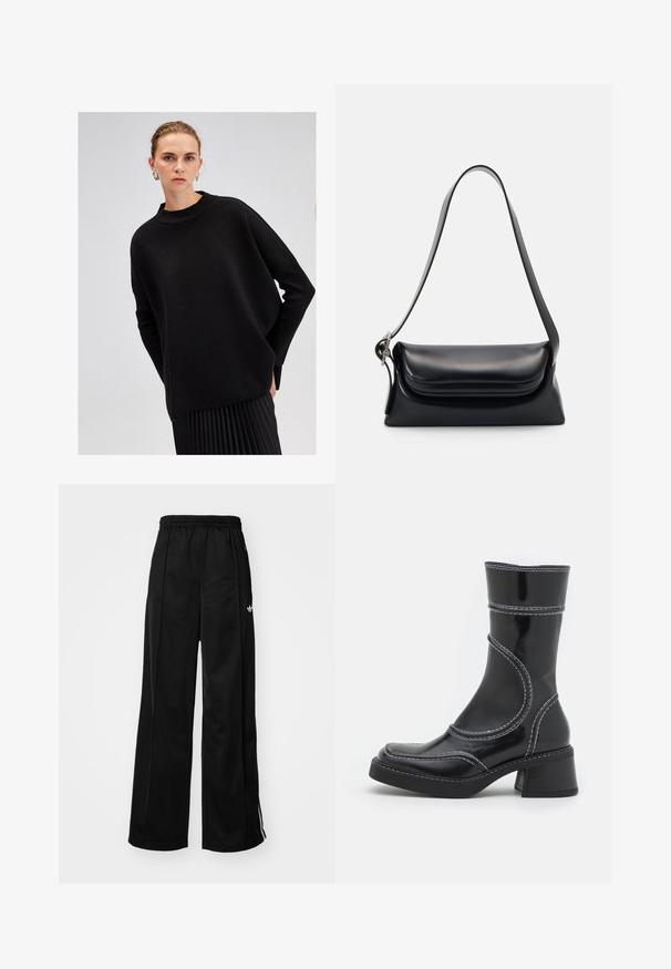 Suéter negro de gran tamaño hecho de un tejido de punto texturizado, con un cuello alto y mangas largas y sueltas, combinado con una falda negra plisada.; Pantalones de chándal negros de pierna ancha con cinturilla elástica, que cuentan con rayas laterales blancas y un pequeño logo en la cadera izquierda. Textura de tela suave.; Botín de charol negro con costuras blancas, punta redondeada y tacón cuadrado. Presenta líneas de diseño curvas y una textura suave.; Bolso de piel negra con una forma estructurada, una textura suave y una sola correa para el hombro. Presenta un diseño de tapa sutil y redondeado.