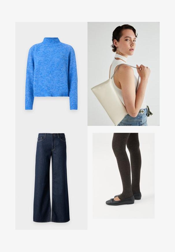 Lyseblå strikket polo genser med en litt kortere passform, raglanermer og en myk, strukturert overflate. Stoffet har et melert utseende.; Vide benbukser i mørkeblå denim. Har kontrastsøm, fem lommer og en knaplukning i taljen. Glat tekstur.; Sorte flate sko med en liten sløyfedetalj på tåen, kombinert med mørkebrune ribbede strømpebukser. Skoene har en glatt overflate og lav profil.; Hvit rektangulær clutch-veske laget av blankt materiale, med en sølvkjede-stropp. Modellen poserer og viser vesken mot en ensfarget bakgrunn.