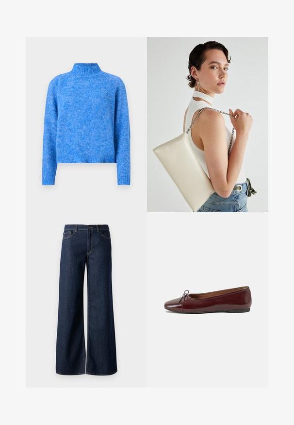 Gaiši zils adīts golfa džemperis ar nedaudz īsu piegriezumu, raglāna piedurknēm un maigu, teksturētu apdari. Audumam ir heathered izskats.; Platas kājas džinsi tumši zilā denima krāsā. Iespējas ir kontrastējošās vīles, piecas kabatas un pogu aizdare jostasvietā. Gluda tekstūra.; Burgundijas laku ādas baleta kurpes ar noapaļotu purngalu, nelielu loku akcentu priekšā un zemu melnu gumijas zoli. Gluda tekstūra.; Balts taisnstūra clutch soma, izgatavota no spīdīga materiāla, ar sudraba ķēdes siksnu. Modelis pozē, demonstrējot somu uz vienkārša fona.