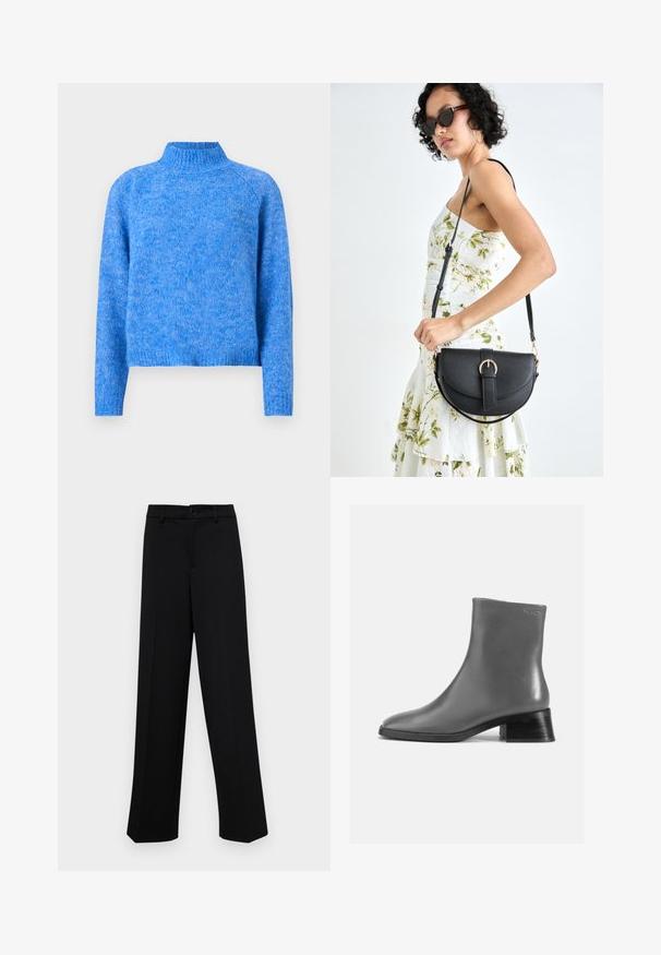 Világoskék kötött garbó pulóver, amely kissé rövidített fazonú, raglán ujja van, és puha, textúrált felülete. A szövet márványos megjelenésű.; Fekete, széles szárú nadrág sima anyagból, klasszikus derékrésszel, gombzárral és elülső redőkkel.; Szürke bőr bokacsizma lekerekített orral és rövid, réteges fekete sarokkal. Simás textúra minimális díszítéssel.; Fekete bőrtáska ívelt formával, levehető pánttal és arany színű fémrészekkel. A táskán egy csattal díszített fedél található.