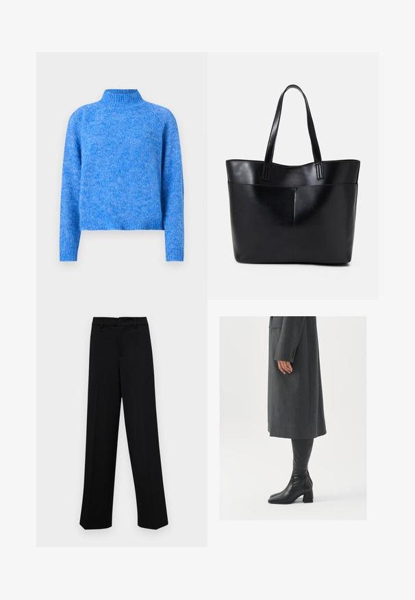 Pull en maille bleu clair à col roulé avec une coupe légèrement cropped, des manches raglan et une finition douce et texturée. Le tissu a une apparence chinée.; Pantalons larges noirs en tissu lisse, avec une taille classique à fermeture à bouton et des plis sur le devant.; Manteau gris taillé à coupe droite ; associé à des bottes en cuir noir jusqu'au genou avec un bout carré et un talon épais.; Sac fourre-tout en cuir noir avec deux longues poignées, une texture lisse et une forme structurée. Dispose d'une poche avant pour un rangement supplémentaire.