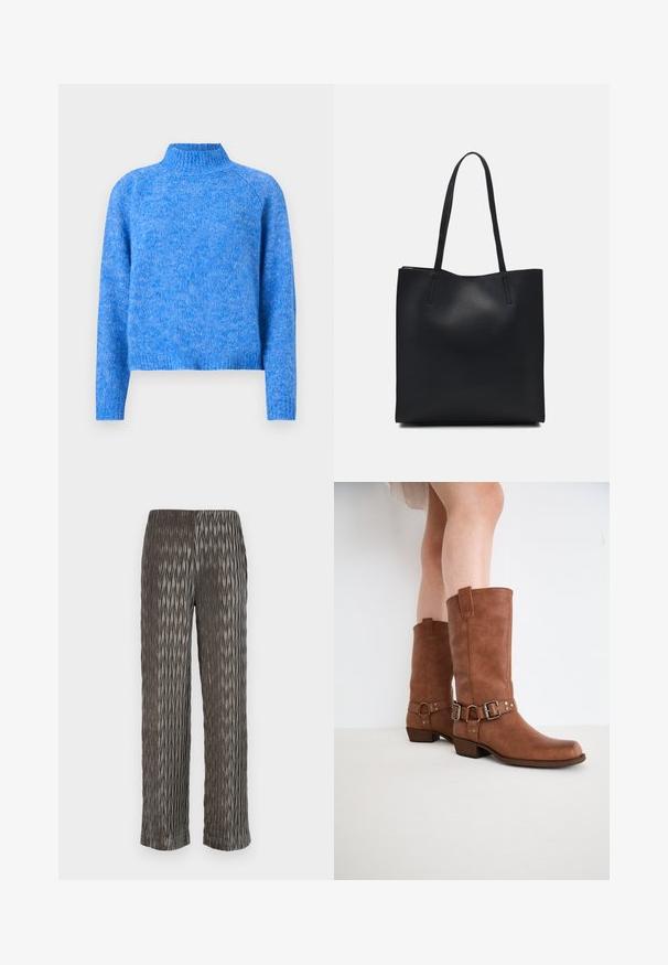 Light blue knit turtleneck sweater with a slightly cropped fit, raglan sleeves, and a soft, textured finish. ткань has a heathered appearance.; Gray pleated wide-leg pants with a textured, diamond-shaped pattern. Soft material, elastic waistband, and cropped length.; Brown leather ankle boots with a slightly pointed toe, decorative buckles, and a low stacked heel. Smooth texture with a matte finish.; Black leather tote bag with smooth texture, rectangular shape, and two long handles. No visible hardware or embellishments.
