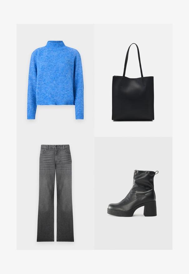Šviesiai mėlynas megztinis su aukštu kaklu, šiek tiek trumpesnis, su raglano rankovėmis ir minkštu, tekstūruotu paviršiumi. Audinys turi dryžuotą išvaizdą.; Pilki džinsai su plačiais kirpimais, vidutinio plovimo, turintys penkių kišenių dizainą, priekinį mygtuko užsegimą ir subtilius siūlių akcentus.; Juodos kulkšninių botai, pagaminti iš lygaus odos, su šoniniu užtrauktuku, masyviu tekstūruotu kulnu ir apvaliu pirštu.; Juodas odinis tote krepšys su lygia tekstūra, stačiakampio formos ir dviem ilgais rankenomis. Matomų metalinių detalių ar puošybos nėra.