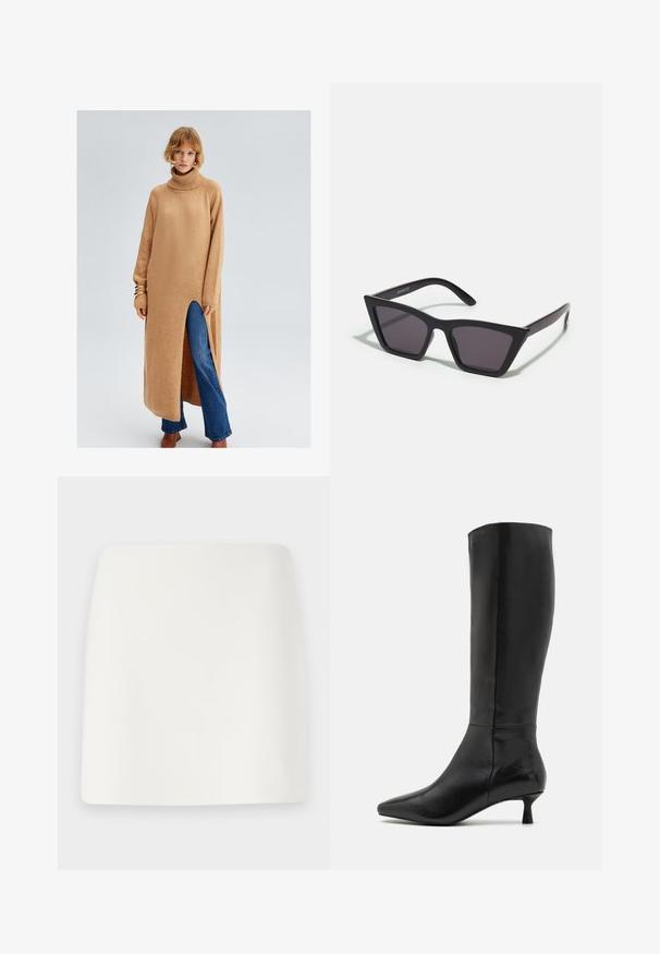 Long, beige knitted sweater dress with a high collar, side slit, and ribbed cuffs, worn over blue flared jeans. Smooth texture and relaxed fit.; White, fitted mini skirt with a smooth texture and clean lines. No visible patterns or hardware. Straight hem at the bottom.; Zign Boots - black; Black, angular sunglasses with gray lenses; made of plastic, featuring thick arms with a smooth surface and no visible hardware.; Black suede clutch bag with a zip closure and detachable wrist strap. Features gold-tone hardware and a smooth, matte texture.