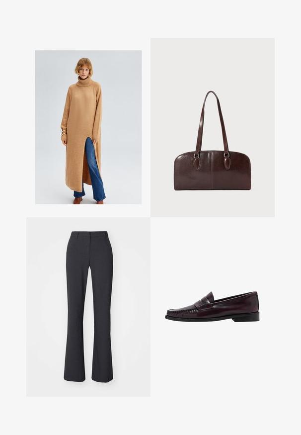Dlhé béžové pletené šaty so zvýšeným golierom, bočným rozparkom a rebrovanými manžetami, nosené cez modré rozšírené džínsy. Hladká textúra a voľný strih.; Weekday SUITING - Nohavice - dark grey; Pánske tmavo hnedé kožené penny loafery s čiernou podrážkou a šitím pozdĺž špičky, zobrazené v bočnom profile.; Hnedá kožená kabelka s dvoma dlhými uchami, štruktúrovaným obdĺžnikovým tvarom, hladkým povrchom a zaoblenými hranami. Obsahuje akcentové detaily na ušiach.
