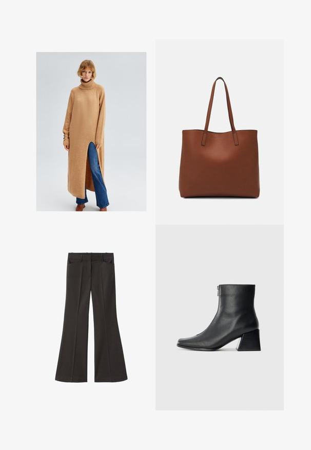 Long, beige knitted sweater dress with a high collar, side slit, and ribbed cuffs, worn over blue flared jeans. Smooth texture and relaxed fit.; Black flared trousers with a high waist; features two front pockets and a smooth fabric texture. Suitable for various occasions.; Black leather ankle boot with square toe, side zipper, and block heel against plain light background.; Brown leather tote bag with a smooth texture, open top design, and two shoulder straps. Features minimal stitching and no visible hardware.