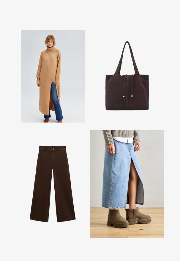 Lange, beige gebreide jurk met hoge kraag, split aan de zijkant en geribde manchetten, gedragen over blauwe flared jeans. Glad textuur en relaxte pasvorm.; Bruine wijde broek in katoenmix, met een rafelige zoom, sluiting met een knoop aan de voorkant en een klassieke vijf-pocketstijl. Minimalistisch en veelzijdig.; Lange spijkerrok in lichtblauw met een voorzijde split, gecombineerd met bruine suède enkellaarsjes met dikke zolen en afgeronde neuzen.; Mango Shopper - dark brown