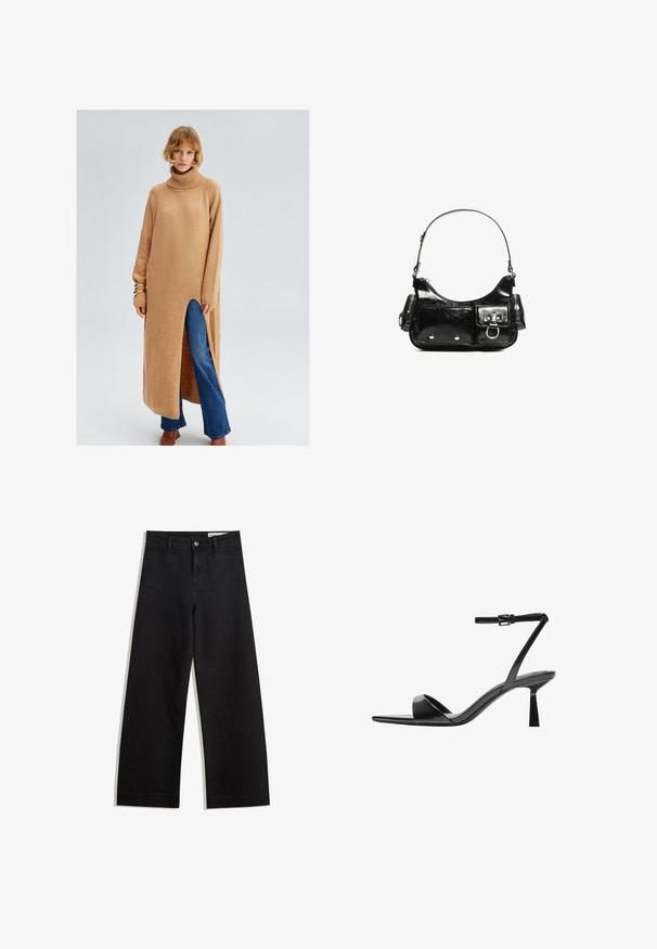 Hosszú, bézs színű kötött pulóverruha magas nyakkal, oldalsó sliccel és bordás mandzsettákkal, kék harangnadrág felett viselve. Sima textúra és laza fazon.; Fekete, bő szabású farmernadrág magas derékkal, elülső és hátsó zsebekkel, varrott felületekkel és gombos záródással. Sima textúra.; Bershka Magas sarkú szandálok - black; Fekete lakkbőr kézitáska ívelt formával, egy vállpánttal, elülső zsebekkel és ezüstszínű fémrészletekkel.