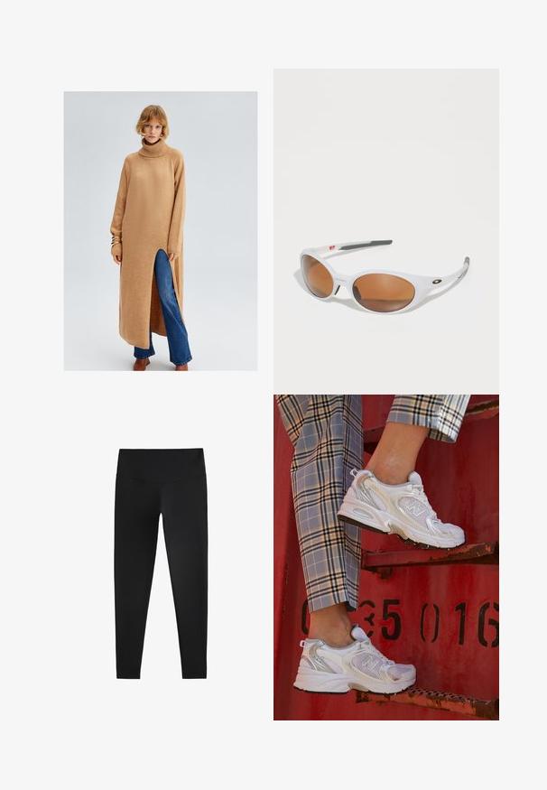 Dolg, bež pleteni pulover obleka z visokim ovratnikom, stransko razpoko in rebrastimi manšetami, oblečena čez modre razširjene kavbojke. Gladka tekstura in udoben kroj.; Črne legice iz elastičnega materiala, z visokim pasom in gladko teksturo, zasnovane za udobje in fleksibilnost.; Bele mrežne superge s srebrnimi detajli in teksturirano podplatom, postavljene na rdeči površini, v kombinaciji s karirastimi hlačami.; Bele sončna očala z rjavimi lečami, ovalne oblike, narejena iz gladkega plastike, z sivo akcenti na ročajih in logotipom na okvirju.; The North Face SUNRISER RUN VEST UNISEX - Hidracijski nahrbtnik - black/white