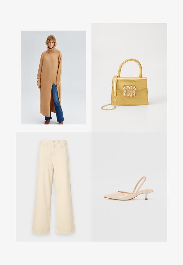 Robe pull longue en tricot beige avec un col haut, fente sur le côté et poignets côtelés, portée sur un jean évasé bleu. Texture lisse et coupe décontractée.; Jean large beige en coton. Doté d'une fermeture à bouton, de passants de ceinture et de poches avant avec une texture douce et lisse.; Escarpins slingback en cuir verni beige avec un bout pointu et un talon carré fin. Texture lisse et design minimaliste sans ornement.; Sac à main en faux crocodile jaune avec un design structuré, une poignée supérieure, une bandoulière en chaîne amovible, et un ornement cristallin décoratif sur le fermoir.