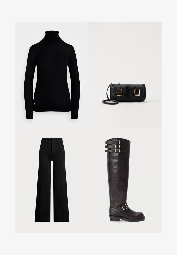 Juodas megztinis su aukštu kaklu, pagamintas iš trikotažo, su ilgomis rankovėmis ir prigludusia forma. Apatinėje dalyje yra mažas logo akcentas.; Juodos plačios kojos kelnės, pagamintos iš audinio, su aukštu liemeniu, priekiniais mygtukais ir šoniniais kišenėmis. Sklandus paviršius su švariomis linijomis.; Juodos odinės kelnės iki kelių batai su apvaliu pirštu, trimis dirželių sagtimis viršuje ir šonine sagtimi. Plokščias padas ir lygi tekstūra.; Juodas odinis per petį nešiojamas krepšys su dviem priekiniais kišenėmis, auksiniais sagtimis, užtrauktuko uždarymu ir siauromis petnešomis. Textūruota paviršius ir kompaktiškas stačiakampis formatas.