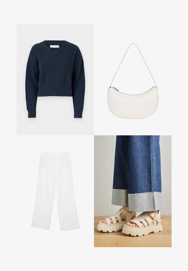 Marineblauer Strickpullover mit V-Ausschnitt, verkürztem Design und strukturierten Rautenmuster auf dem Körper und den Ärmeln, mit gerippten Bündchen.; Weite Beinhosen aus weißem Stoff mit glatter Textur, vorderen Taschen und einem klassischen Bund mit Gürtelschlaufen.; Beige Plattform-Sandalen mit dicken Sohlen verfügen über ein Riemchen-Design und verstellbare Knöchelriemen. Getragen zu weit geschnittenen Denim-Hosen, ist ein Saum ausgefranst.; PULL&BEAR HALF MOON - Handtasche - white