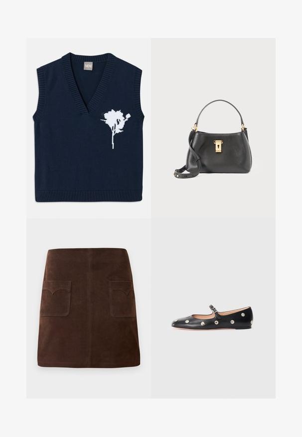 Navy gestrickte ärmellose Weste mit tiefem V-Ausschnitt, ausgestattet mit einem weißen Blumenmuster auf der linken Seite und gerippten Kanten am Saum und den Armausschnitten.; Brauer Wildlederrock im klassischen A-Linien-Schnitt, mit zwei vorderen Taschen mit abgerundeten Klappen und dezenten Nähten.; Schwarze Leder-Mary-Jane-Ballenflats mit runder Zehenform, ausgestattet mit silbernen runden Nieten und einem verstellbaren Riemen mit Schnalle.; Schwarze Lederhandtasche mit strukturiertem Finish, mit einem goldenen Schlossverschluss, kurzen Tragriemen und einem abnehmbaren Schulterriemen.