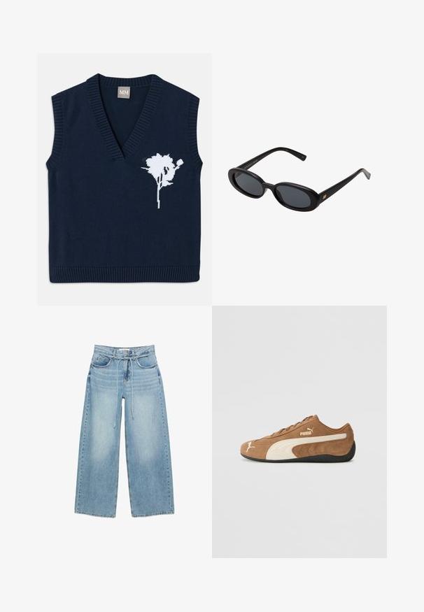 Navy gestrickte ärmellose Weste mit tiefem V-Ausschnitt, ausgestattet mit einem weißen Blumenmuster auf der linken Seite und gerippten Kanten am Saum und den Armausschnitten.; Schlichtes weißes T-Shirt mit kurzen Ärmeln und Rundhalsausschnitt in schlanker Passform, flach vor einem weißen Hintergrund präsentiert.; Hellblaue, weit geschnittene Jeans mit hoher Taille, zwei Fronttaschen, Reißverschluss und einem Stoffbindeband an der Taille. Klassische Denimstruktur.; Braune Wildleder-Low-Top-Sneaker mit cremefarbenen Akzenten, strukturierter Oberfläche, schwarzer Gummisohle und gesticktem Logo an der Seite und Zunge.; Schwarze, oversized Sonnenbrillen mit ovalen Gläsern, glattem Kunststoffrahmen und goldenen Akzenten an den Bügeln. Die dunklen Gläser bieten Sonnenschutz.; Geflochtenes, cremefarbenes Taschen-Set, bestehend aus einer größeren Handtasche mit rundem Griff und einer kleineren Tasche mit einem Riemen, beide mit einheitlicher Textur.