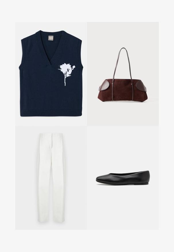 Granatowa, dzianinowa kamizelka bez rękawów z głębokim dekoltem w kształcie litery V, ozdobiona białym wzorem kwiatowym po lewej stronie oraz prążkowanymi krawędziami u dołu i przy otworach na rękawy.; Paul Smith - Spodnie materiałowe; Paul Smith TOPANGA czarny; Brązowa torba z zamszu z skórzanymi akcentami, o ustrukturalizowanym kształcie, z podwójnymi ramiączkami i zaokrąglonymi krawędziami, charakteryzująca się gładką fakturą i minimalną ilością elementów metalowych.
