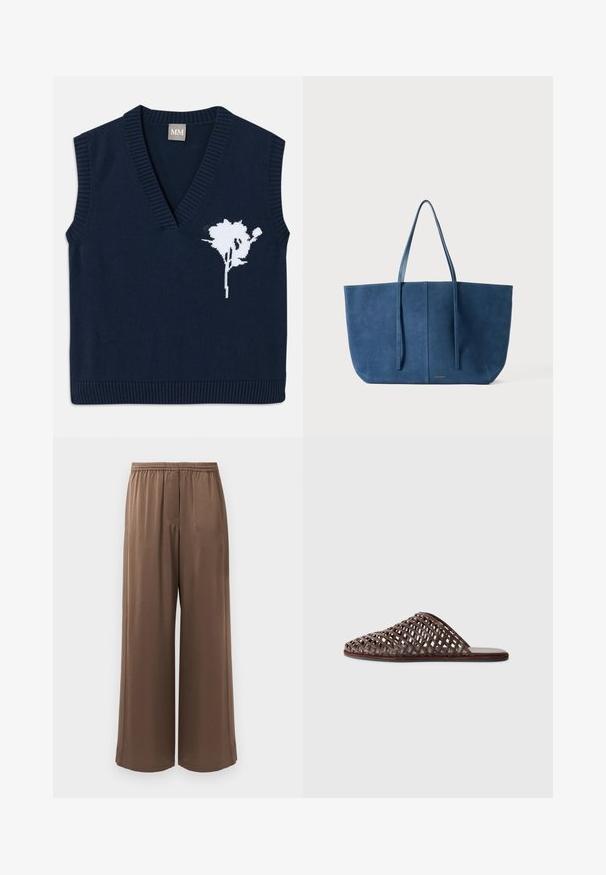 Sineettinen neulottu hihaton liivi syvällä V-päällä, jossa on valkoinen kukkakuvio vasemmalla puolella ja ribbireunat helman ja käsivarsireikien ympärillä.; Ruske leve široke hlače z elastičnim pasom in gladkim materialom, prikazane na enobarvni beli podlagi.; Ruske kudrane natikače s zaobljenim nosom, odprtim dizajnom, ravnim podplatom in teksturirano površino. Lahek material in minimalistična silhueta.; Sininen mokkakankainenolma, jossa on kaksi pitkää kahvaa, suorakulmainen muoto, sileä pinta, minimalistinen muotoilu, edessä on hillitty logo.