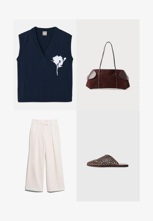 Navy knitted sleeveless vest with a deep V-neck, featuring a white floral design on the left side and ribbed edges at the hem and armholes.; Wide-leg trousers in a light cream color, made of smooth fabric with two front pockets and visible stitching on the waistband.; Brown woven slide sandal with a rounded toe, open design, flat sole, and textured surface. Lightweight material and minimalist silhouette.; Brown suede bag with leather accents, structured shape, dual shoulder straps, and rounded edges, featuring a smooth texture and minimal hardware.