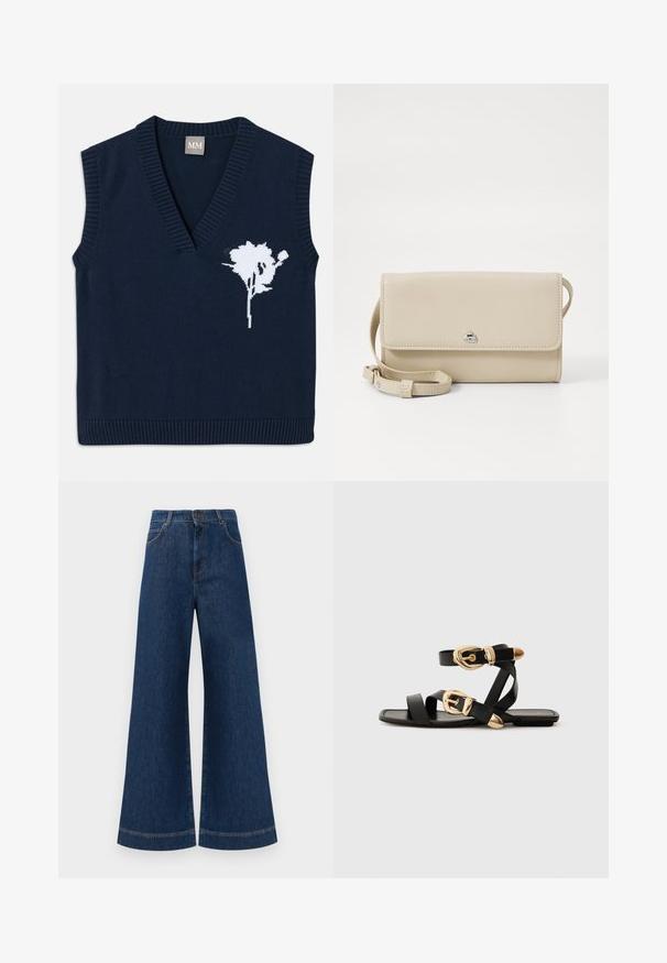 Gilet sans manches tricoté bleu marine avec un décolleté en V profond, présentant un motif floral blanc sur le côté gauche et des bords côtelés au niveau de l'ourlet et des emmanchures.; Jeans en denim bleu à taille haute et jambes larges, avec une fermeture à bouton, des passants de ceinture et des détails de couture subtils le long des poches et des ourlets.; Sandales en cuir noir avec des accents de boucles dorées, présentant plusieurs brides et un design de semelle plate pour un port ouvert.; Sac à épaule en cuir beige avec un fermoir à rabat, quincaillerie en métal argenté et une bandoulière amovible. Texture lisse et forme rectangulaire simple.