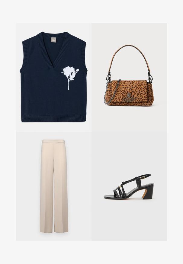 Tamsiai mėlynas megztas be rankovių liemenė su giliu V formos iškirpimu, kuriame kairėje pusėje yra balta gėlių dekoracija, o apatinėje krašto ir rankovių angose – raštuotas apdailos detalės.; Šviesiai rudos spalvos plačios kelnės iš lygaus audinio, su aukštu liemeniu ir subtiliomis priekinėmis raukiėmis. Be kišenių ar matomų detalių.; Paul Smith AMIRA - Klasikiniai aukštakulniai - black; Žirafos rašto rankinė, pagaminta iš zomšos, su trumpa rankena, grandinėlės dirželiu ir juodo metalo užsegimu. Stačiakampio formos, su uždėta užsklanda.