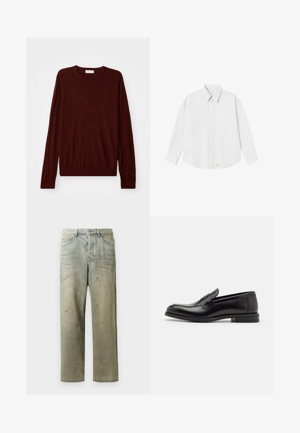 Bordo ilga rankovė su apvaliu kaklu, su raukšlėmis ant rankogalių ir apatinės dalies, išklota ant baltos fono.; Balta marškinėliai su apykakle, ilgomis rankovėmis ir suapvalintu apačiu; priekinėje dalyje apatiniame kairiajame kampe pažymėtas mažas oranžinis logotipas.; Šviesiai žaliai nuvarytos džinsinės kelnes, su tiesiomis kojomis, penkių kišenių dizainu, nelygiai blukščiantis ir su dažų lašeliais.; Juodos odinės loafers, turinčios lygų paviršių, apvalią noselę ir dekoratyvinę juostą per priekinę dalį. Žemas krentantis kulnas, minimalistinis dizainas.