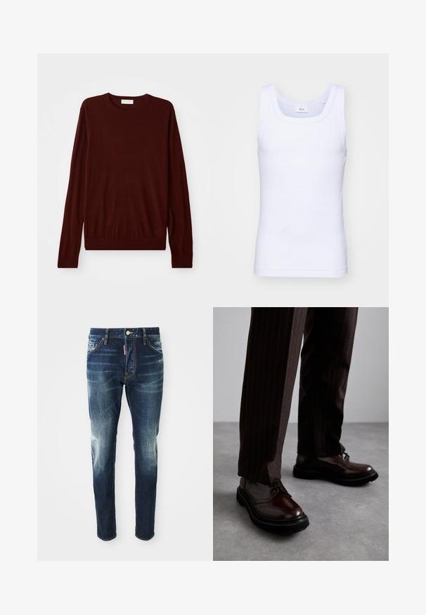 Kastanienbrauner langärmeliger Rundhalsausschnitt-Pullover mit gerippten Bündchen und Saum, flach auf einem weißen Hintergrund ausgelegt.; Weißes Baumwoll-Top ohne Ärmel mit rundem Ausschnitt, ausgestattet mit einer glatten Textur und einer figurbetonten Form, ideal für die Freizeit.; Dunkelblaue Jeans im Slim-Fit-Schnitt, mit verwaschenen Stellen an den Oberschenkeln und Knien, fünf Taschen und einem Metallknopfverschluss.; Braune Leder Schnürschuhe mit glänzender Oberfläche, schwarzer Gummisohle und dezenten Nähten. Getragen mit braunen Angabenhosen mit Nadelstreifen.