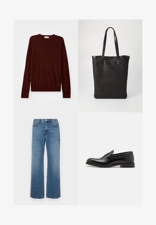 Pull à col rond à manches longues bordeaux avec des poignets et un ourlet côtelés, posé à plat sur un fond blanc.; Jean bleu à jambes larges en denim avec une finition délavée. Comprend cinq poches, une fermeture à bouton à l'avant et une coupe droite.; Mocassins en cuir noir avec une texture lisse, bout rond et une sangle décorative sur le dessus. Talon bas empilé, design minimaliste.; Sac fourre-tout en toile noire avec des poignées en cuir noir. Design simple, corps spacieux et texture lisse. Pas de logos ou motifs visibles.