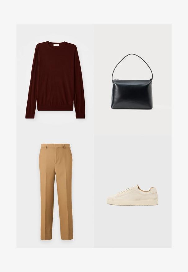 Bordový dlouhý rukáv svetr s kulatým výstřihem, se žebrovanými manžetami a lemem, položený na bílé ploše.; Beige kalhoty z tkané látky, s rovnými nohavicemi, plochým předním dílem a poutky na opasek. Hladký povrch bez viditelných vzorů.; Beige semišové tenisky s nízkým střihem, kulatou špičkou, plochými tkaničkami a texturovanou gumovou podrážkou. Minimalistický styl bez viditelných log.; Černá hladká kožená kabelka s jedním zakřiveným madlem a horním zipovým uzávěrem, zobrazená na jednoduchém bílém pozadí.