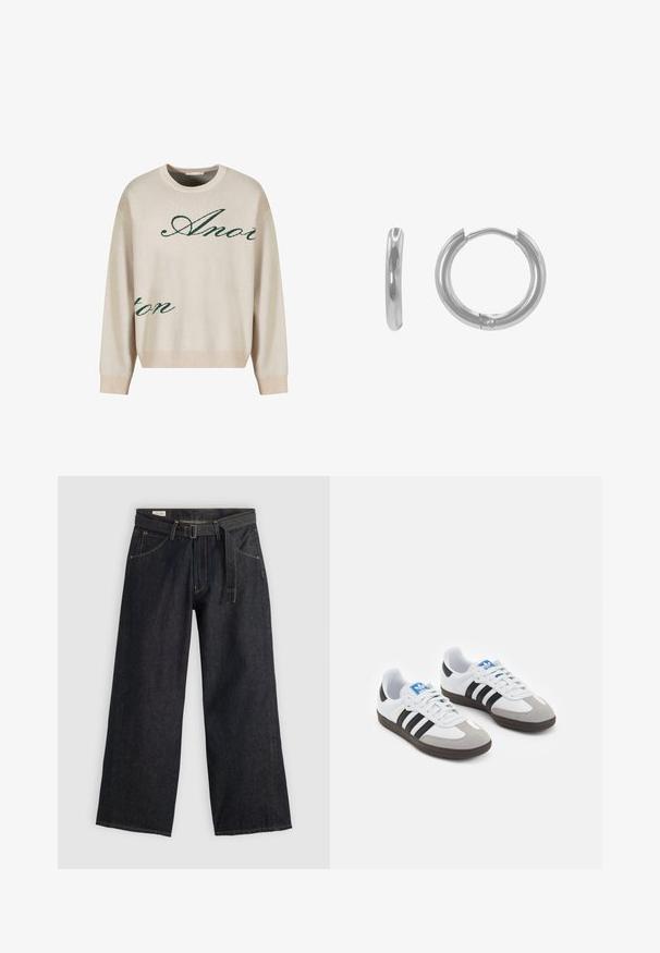 Beige gestrickter Pullover mit grüner kursiver Schrift. Rippenkragen und -bündchen, lockere Passform und weicher Textur.; Dunkelblaue Denim-Hosen mit weitem Bein und einem taillierten Gürtel, ausgestattet mit Vordertaschen und kontrastierender Naht. Glatte Textur mit einem schlichten Design.; Sportschuhe mit einem Obermaterial aus weißem Leder, grauer Wildleder-Zehenkappe und drei schwarzen Streifen. Sie verfügen über ein blaues Logo auf der Zunge und eine strukturierte Gummisohle.; Silberne Creolen mit rundem Design, glänzender Oberfläche und einem kleinen runden Scharnier zum Verschließen. Hat einen Durchmesser von etwa 2,5 cm.