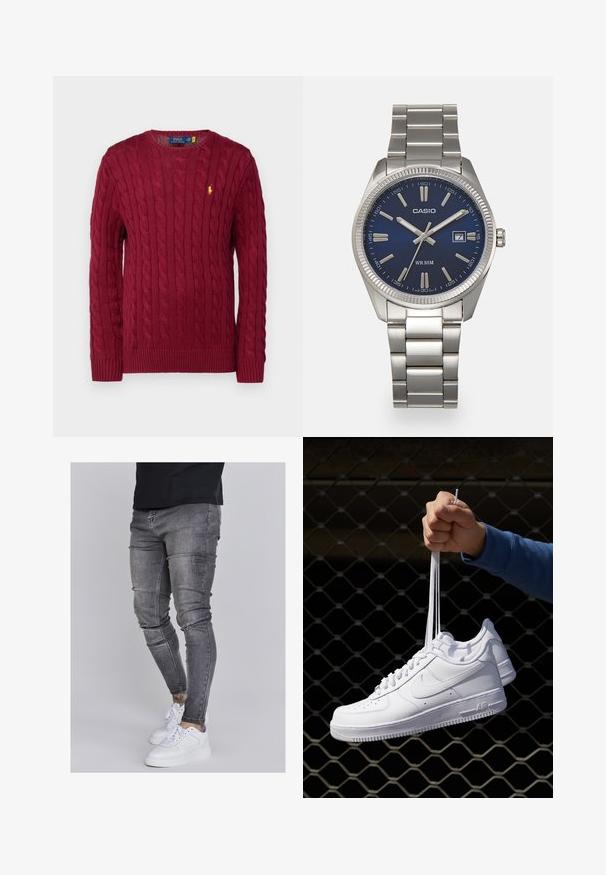 Polo Ralph Lauren CABLE-KNIT COTTON SWEATER - Stickad tröja - red carpet; Smala jeans i blekt grå denim, med slitna detaljer vid knäna, kombinerat med vita sneakers. Slät struktur, slim fit-design.; Vita lädersneakers med perforeringar, rund tå, platt sula och tjocka snörning, med en synlig swoosh-logga och "AIR" på hälen.; Snygg klocka i silverfärgad rostfritt stål med en marinblå urtavla, metalliska timmarkörer och en datummarkering vid klockan tre. Vattentålig ner till 50 meter.