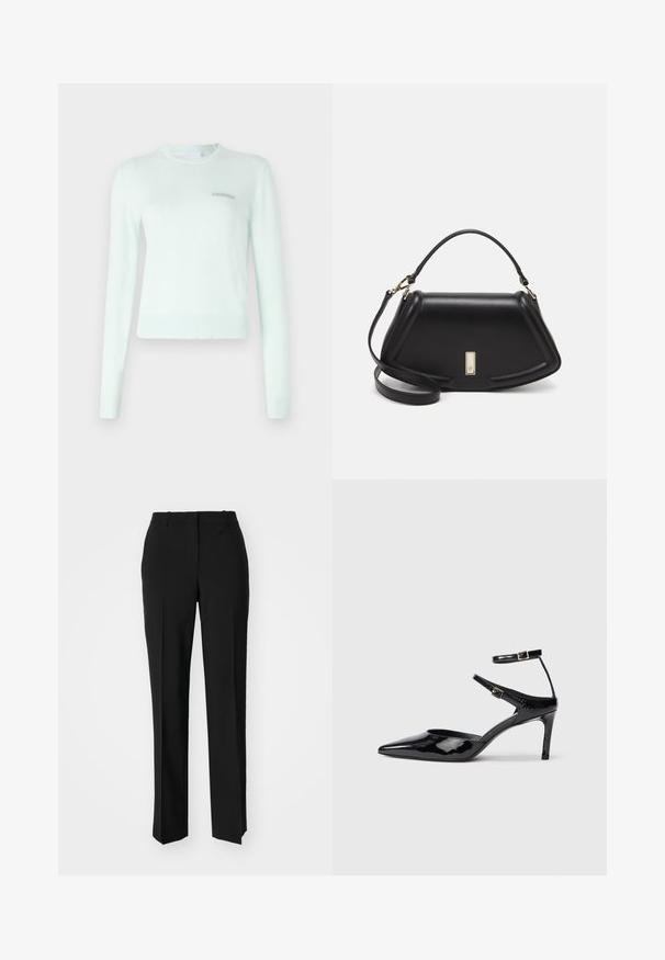 Maglione verde menta realizzato in tessuto morbido, con maniche lunghe, scollo e polsini a coste, e un piccolo logo ricamato sul petto.; Pantaloni neri su misura con un design a gamba dritta, caratterizzati da una texture liscia e pieghe ben definite sul davanti. Senza hardware visibile.; Décolleté in pelle eco-patent nera con punta affilata, cinturini alla caviglia regolabili e tacco sottile. Texture liscia con una finitura lucida.; Borsa a mano in pelle nera con un design strutturato, caratterizzata da una forma corta, manico superiore e accessori in metallo dorato. Inclusa tracolla regolabile.
