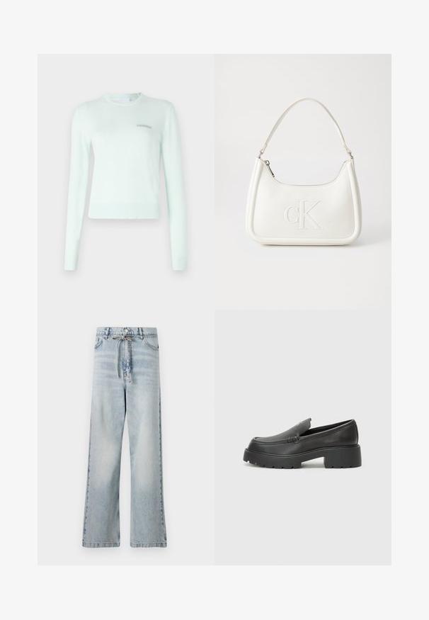Mėtų žalios spalvos megztinis, pagamintas iš minkštos medžiagos, su ilgomis rankovėmis, raukšlėtu kaklu ir rankogaliais ir mažuoju išsiuvinėtu logotipu ant krūtinės.; Šviesiai mėlyni plačių kojų džinsai, pagaminti iš džinsinio audinio, su aukštu liemeniu, priekinėmis kišenėmis ir raišteliu liemens srityje. Apsitrynusi tekstūra.; Juodi odiniai loaferiai su apvaliu pirštu, storu tekstūruotu padu ir minimaliu siūlių dekoru. Išskirtinis dizainas be matomų raištelių ar furnitūros.; Balta odinė rankinė su išlenkta forma, su reljefiniu "CK" logotipu priekyje ir viena petneša. Užtrauktuko uždarymas viršuje.