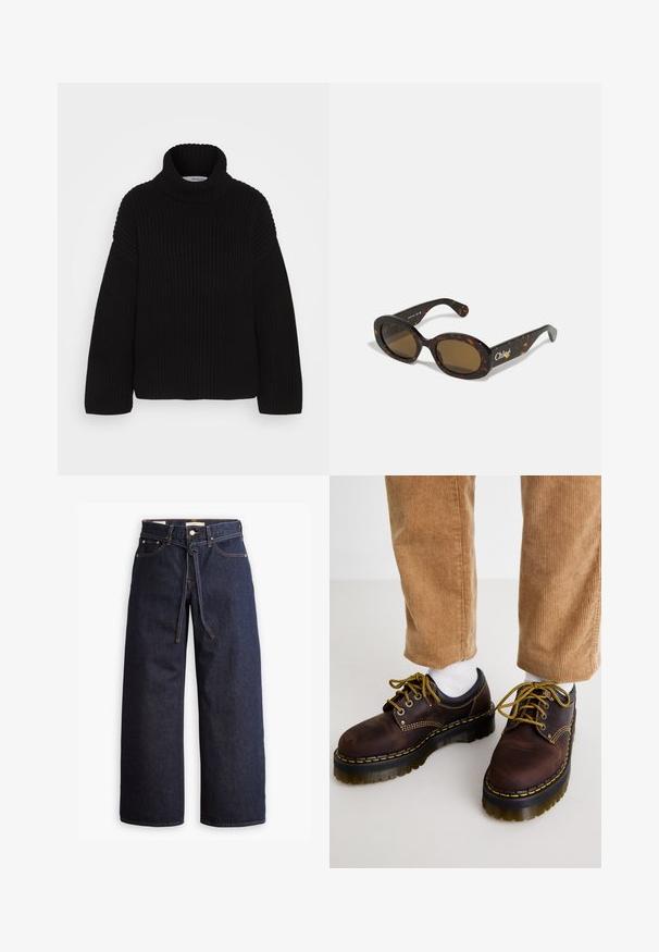 Selected Femme SLFSEFIKA ROLLNECK - Maglione - black; Jeans in denim scuro a gamba larga con vita alta, dotati di un laccio, cinque tasche e dettagli di cucitura a contrasto.; Scarpe di pelle marrone con cuciture gialle, punta rotonda, suola spessa e dettagli neri a contrasto. Indossate con calzini bianchi e pantaloni in corduroy.; Occhiali da sole in tartaruga con montatura ovale, lenti di colore marrone e marchio "Chloé" sulla stanghetta. Materiale plastico liscio con finitura lucida.; Borsa a spalla in pelle marrone con un design curvo, dotata di una tracolla removibile, texture liscia e dettagli di cucitura visibili.