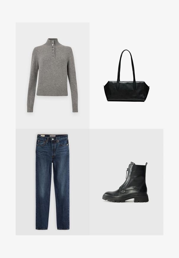 Gray knit sweater with a high ribbed collar, featuring a partial button placket and ribbed hem and cuffs for a fitted look.; White long-sleeve button-up shirt with collar and single chest pocket, slightly curved hem, displayed on a white background.; Dark blue straight-leg jeans with five pockets, button and zipper closure, and contrast stitching.; Black leather ankle boot with a chunky rubber sole, side zipper, smooth texture, and a slightly rounded toe. Minimalist design with no patterns.; Black leather handbag with long handles, rectangular shape, smooth texture, and angled sides, featuring a minimalist design and no visible hardware.