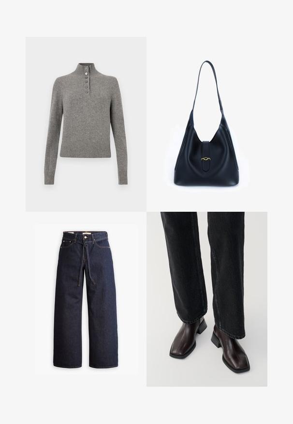 Siva pletena jopica z visokim rebrastim ovratnikom, ki vključuje delno gumbno zapiranje ter rebraste robove in manšete za prilegajoč videz.; Mornarska dolga majica s polo ovratnikom. Narejena iz mehkega blaga z gladko teksturo. Ima prilegajočo se zasnovo in visok ovratnik brez vidnih šivov.; Široke temno modre kavbojke z visokim pasom, ki imajo vrvico za zavezovanje, pet žepov in kontrastne šive.; Rjavi usnjeni gležnjarji s kvadratnim nosom in blok peto, v kombinaciji s črnimi širokimi hlačami. Gladka textura in minimalističen dizajn.; Črna usnjena torbica s mehkobo in sproščenim dizajnom. Ima raven trak in osrednje zapiranje z zlatim poudarkom.