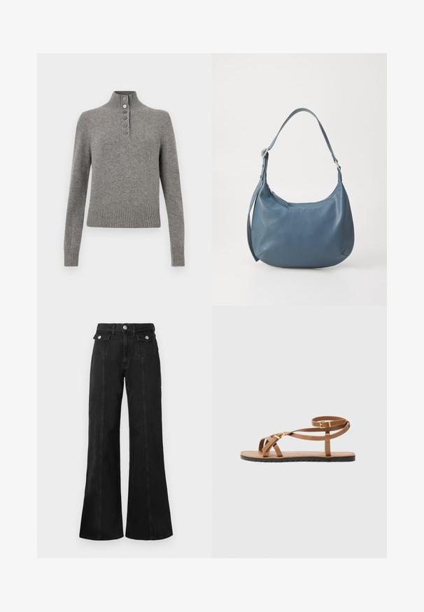 Sivi pleteni pulover s visokim rebrastim ovratnikom, s delnim gumbom in rebrastim robom te manžetama za prilagojen izgled.; Crne traperice s flared krojem i visokim strukom, sa dva prednja džepa, srebrnim detaljima i vidljivim šavovima na prednjoj strani.; Smešane smeđe kožne sandale s tankim trakama, s zlatnom kopčom i ravnim crnim đonom s valovitom ivicom.; Plava kožna torba u obliku kruške, s jednim remenom za rame, zatvaranjem na patentni zatvarač i utisnutim nazivom brenda sprijeda. Glatka tekstura.