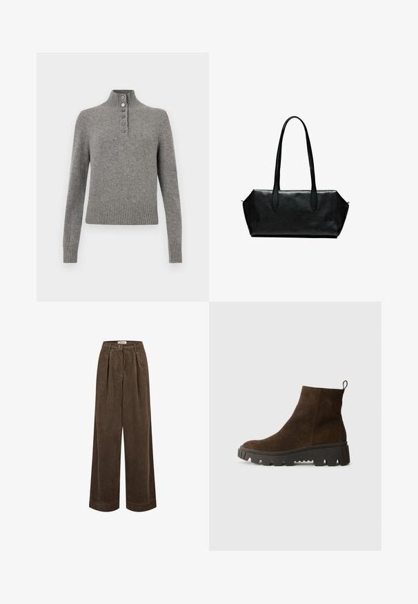 Grå stickad tröja med hög ribbad krage, med en delvis knappslå och ribbad nederkant och ärmslut för en tight passform.; Bruna kordfløyelsbyxor med vida ben har hög midja, framfåll och en enkel knappstängning. Slät textur med subtila ribbor genom hela byxan.; Brun mocka ankelsko med en kraftig svart gummisula, med en lätt klack och en dragflik baktill för enkel påtagning.; Svart läderhandväska med långa handtag, rektangulär form, slät textur och snedställda sidor, med en minimalistisk design utan synlig hårdvara.